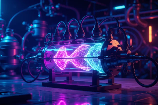 Egy futurisztikus csatornás reaktor, amely színes fényekkel és energiahullámokkal működik.
