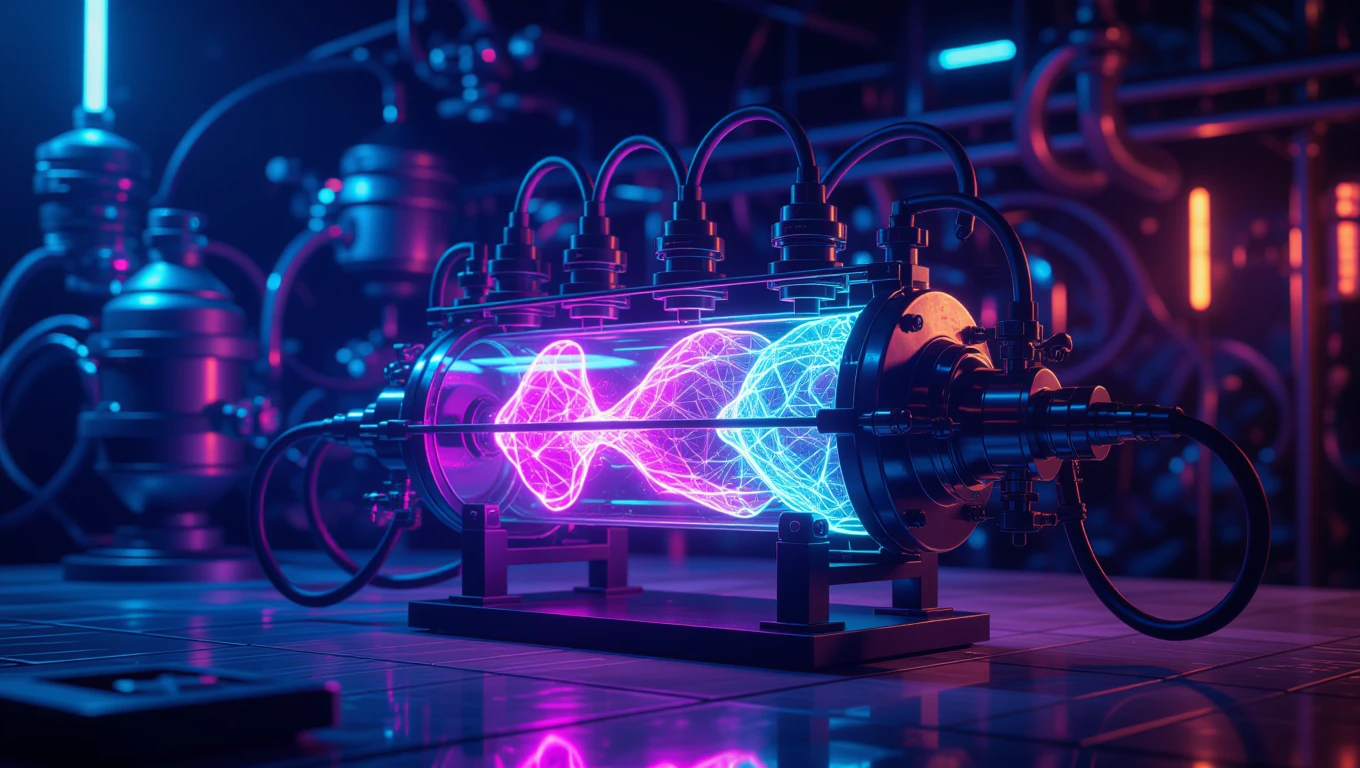 Egy futurisztikus csatornás reaktor, amely színes fényekkel és energiahullámokkal működik.