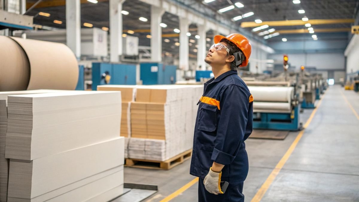 Egy munkás néz fel a papírgyárban, körülötte papírlapok és gyártósorok.