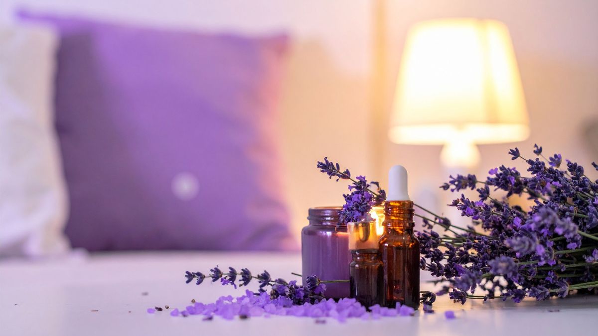 Egy levendulaág, üveg olajjal és levendulás dekorációval díszített asztal, háttérben lámpával.