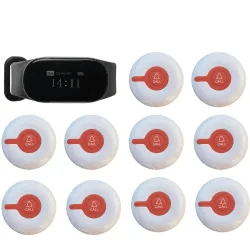 Egy fekete digitális kijelzővel ellátott eszköz és tíz fehér gomb, piros hívásjelzéssel.