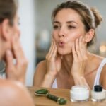 Nő arcizomtorna közben, bőrápolási termékek mellett.