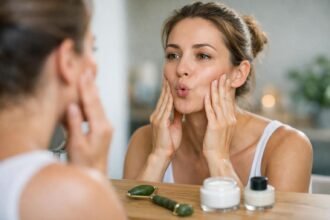 Nő arcizomtorna közben, bőrápolási termékek mellett.