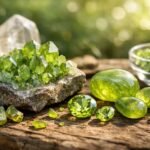 Fényes zöld peridot ásványok különböző formákban és méretekben.