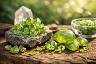 Fényes zöld peridot ásványok különböző formákban és méretekben.