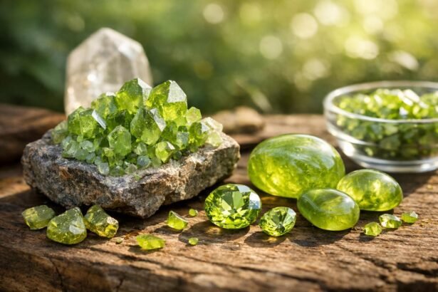 Fényes zöld peridot ásványok különböző formákban és méretekben.