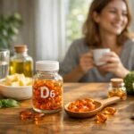D6-vitamin kapszulák, friss gyümölcsök és zöldségek egy asztalon.