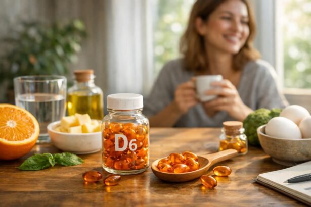 D6-vitamin kapszulák, friss gyümölcsök és zöldségek egy asztalon.
