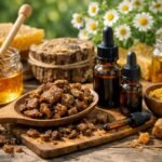 Aranybarna propolisz üvegben, méhek által gyűjtött gyantás anyag közelről, részletes betekintéssel