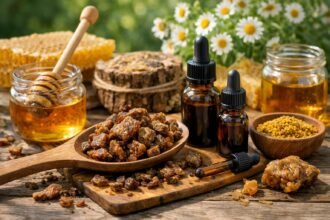 Aranybarna propolisz üvegben, méhek által gyűjtött gyantás anyag közelről, részletes betekintéssel