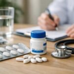 Gyógyszerek és orvosi eszközök egy asztalon, orvosi konzultációhoz.