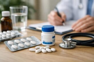 Gyógyszerek és orvosi eszközök egy asztalon, orvosi konzultációhoz.