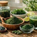 Spirulina por, kapszulák és zöld italok egészséges táplálkozáshoz.
