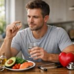 Férfi E-vitamin kapszulát tart a kezében étkezés közben.