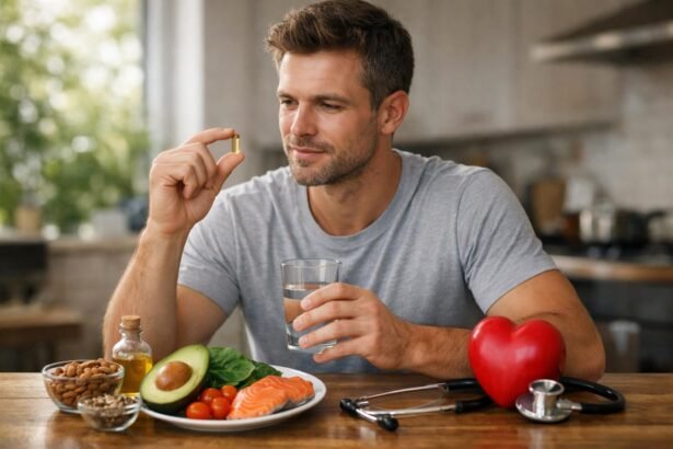 Férfi E-vitamin kapszulát tart a kezében étkezés közben.