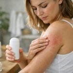 Nő, aki dezodort alkalmaz, borsófolt a bőrén.