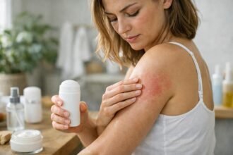 Nő, aki dezodort alkalmaz, borsófolt a bőrén.
