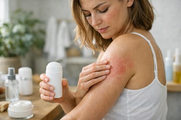 Nő, aki dezodort alkalmaz, borsófolt a bőrén.