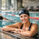 Boldog nő úszómedencében, edzés közben egy másik úszóval.