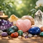 Színes ásványkövek és kristályok elhelyezve egy faasztalon