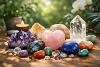 Színes ásványkövek és kristályok elhelyezve egy faasztalon