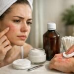 Hidrogén-peroxidos oldat és bőrápolási eszközök egy otthoni kezelést ábrázoló fotón.