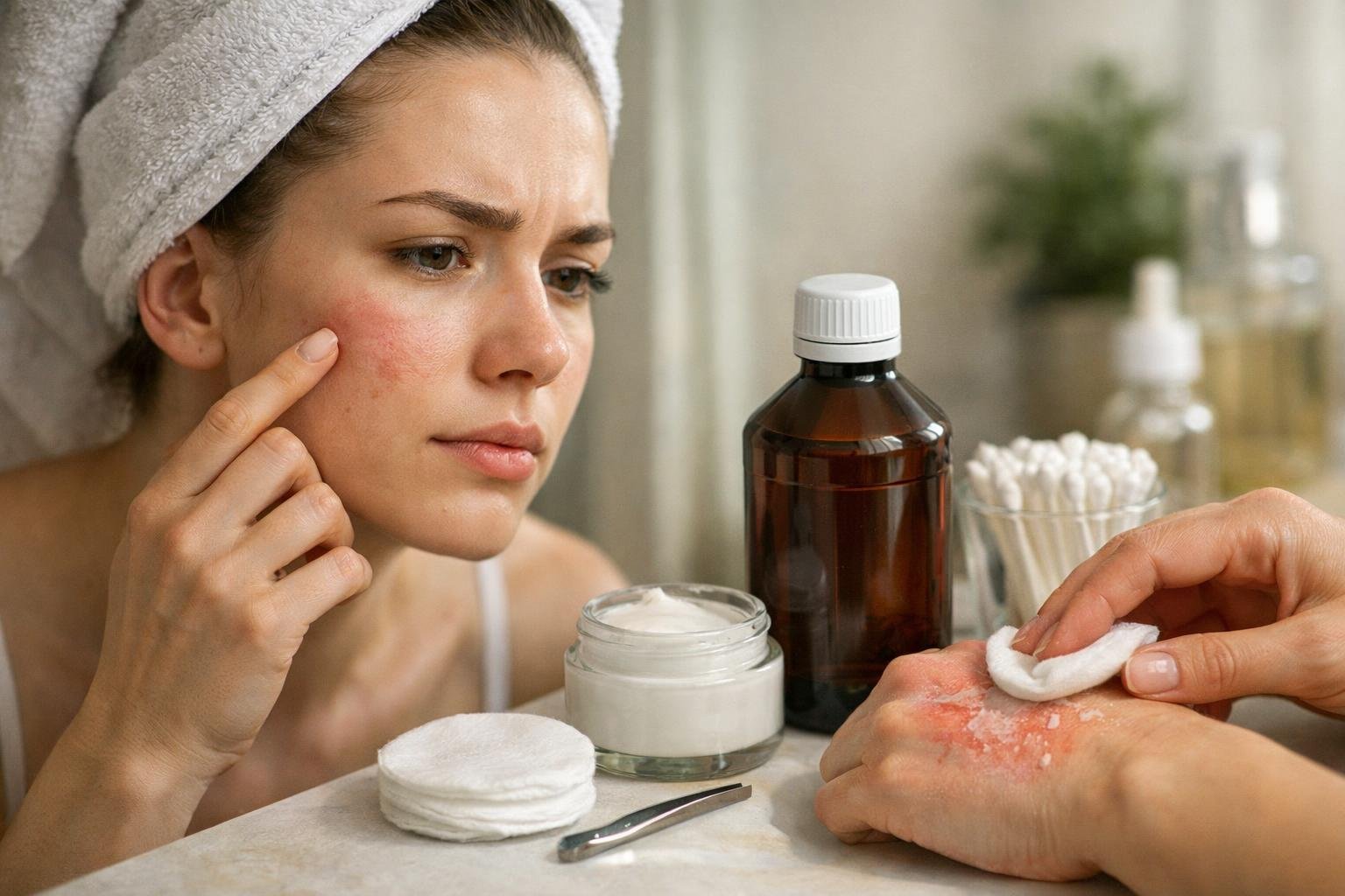 Hidrogén-peroxidos oldat és bőrápolási eszközök egy otthoni kezelést ábrázoló fotón.