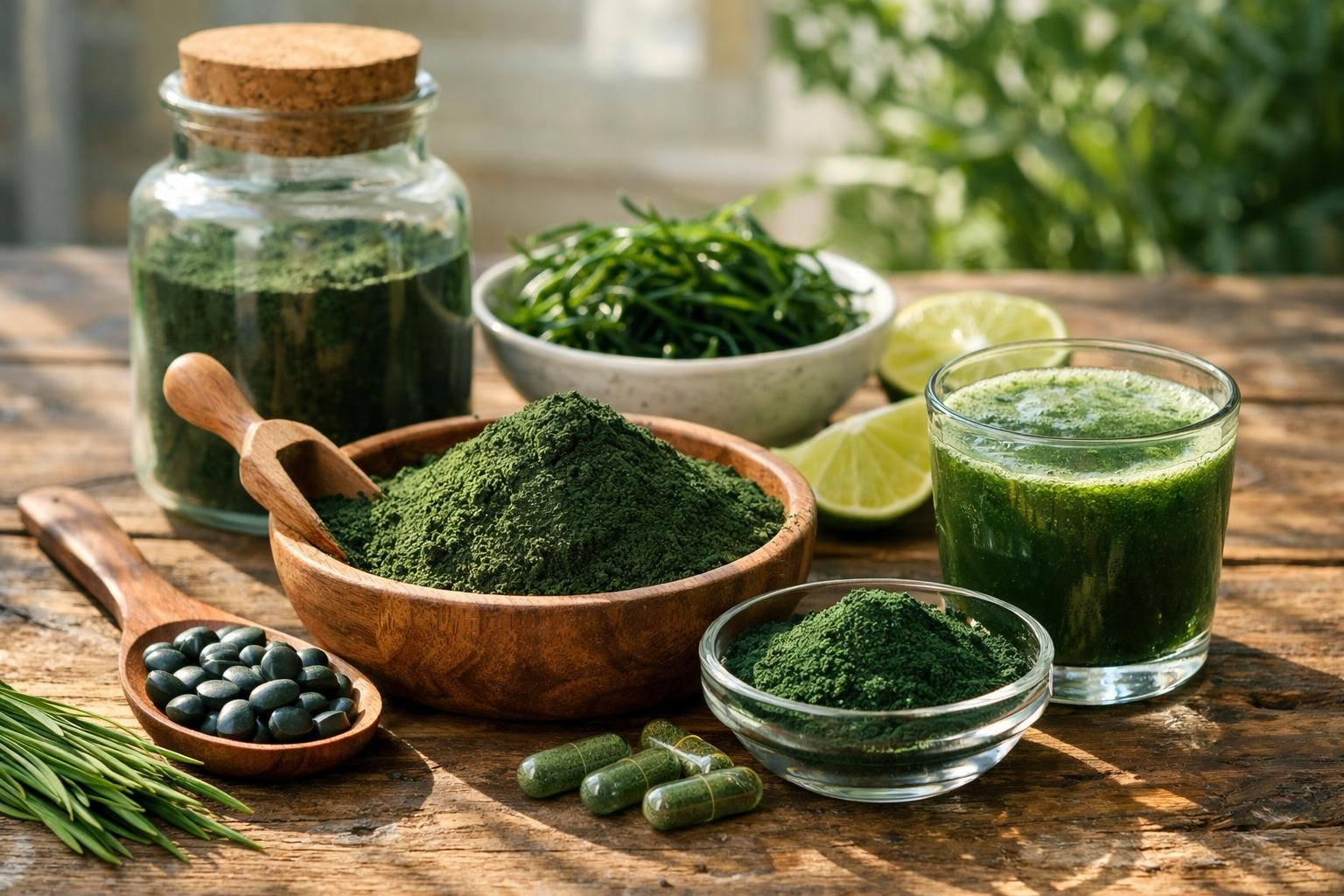 Spirulina por, kapszulák és zöld italok egészséges táplálkozáshoz.
