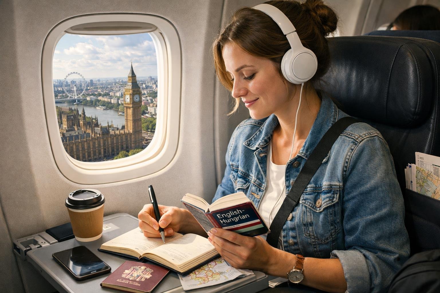 Nő angolt tanul a repülőgépen, London látképe látható az ablakon.