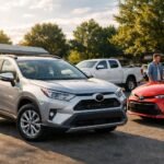 Két használt Toyota a parkolóban, napfényben.