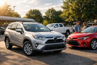 Két használt Toyota a parkolóban, napfényben.