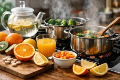 Zöldségek és gyümölcsök C-vitamin tartalmát vizuálisan mutató hőhatás ábra főzés közben