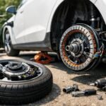 Egy elektromos autó hub motorja és szerszámok szereléshez