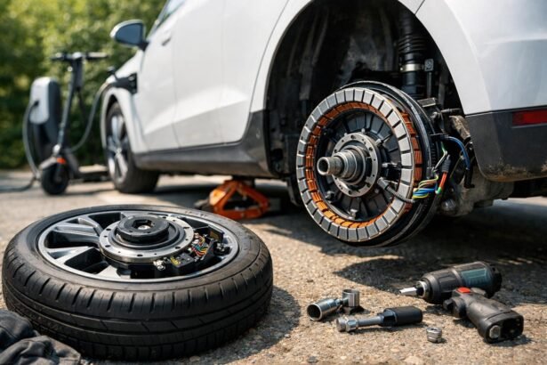 Egy elektromos autó hub motorja és szerszámok szereléshez