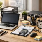 Modern irodai kiegészítők, laptop, nyomtatott anyagok és kávé.