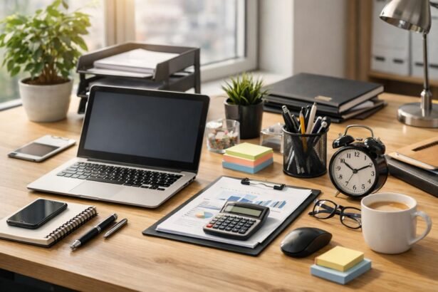 Modern irodai kiegészítők, laptop, nyomtatott anyagok és kávé.