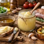 Kacsazsírral sült ételek ropogós külsővel, aromás illatokkal a serpenyőben és színes tálalásban