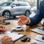 Operatív lízing folyamat az autókereskedésben, szerződés aláírása.