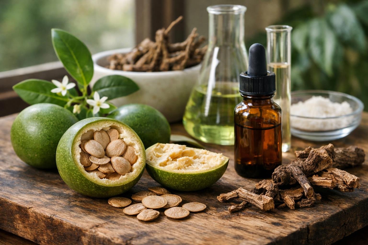 Strychnos nux-vomica magjai és gyógynövények laboratóriumban.