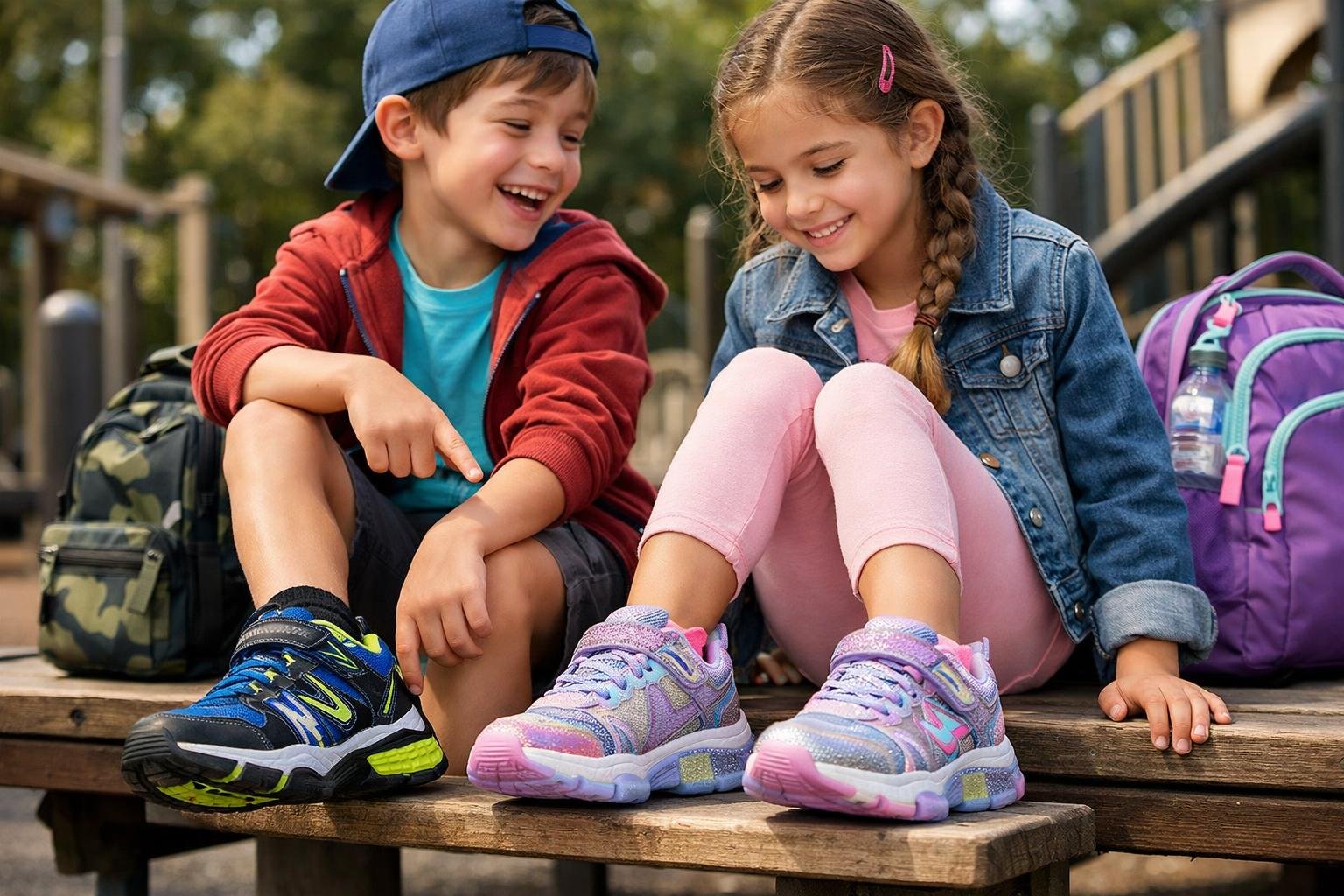 Gyerekek Skechers cipőben a játszótéren, boldogan nevetnek.