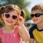 Kislány szív alakú napszemüvegben és kisfiú napszemüvegben, nyári boldogság.