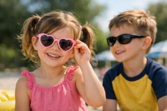 Kislány szív alakú napszemüvegben és kisfiú napszemüvegben, nyári boldogság.