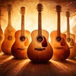 Egy akusztikus gitár látható különböző életszituációkban, otthon, tanteremben és színpadon.