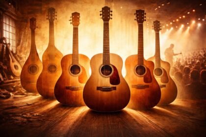 Egy akusztikus gitár látható különböző életszituációkban, otthon, tanteremben és színpadon.