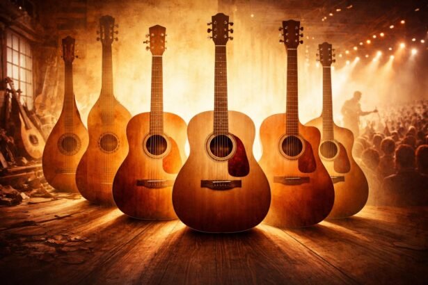 Egy akusztikus gitár látható különböző életszituációkban, otthon, tanteremben és színpadon.