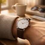 Divatos napi viselethez összehasonlított karórák, felhasználó a csuklójára próbálja, tudatos választást