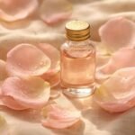 Rózsasziromokkal körülvett, finom illatú, természetes bőrápolási és lelki megnyugvást sugárzó jelenet.