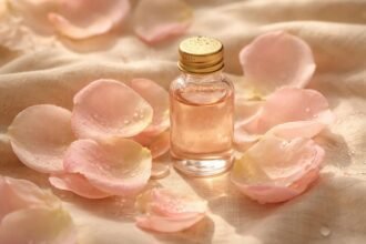 Rózsasziromokkal körülvett, finom illatú, természetes bőrápolási és lelki megnyugvást sugárzó jelenet.