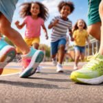 Gyerekek Skechers cipőben játszanak, kiemelve a stílust és a kényelmet egyszerre.