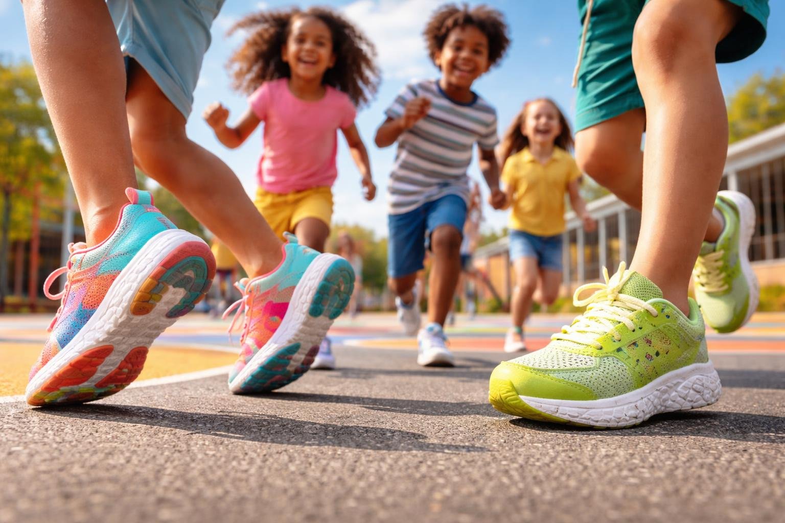 Gyerekek Skechers cipőben játszanak, kiemelve a stílust és a kényelmet egyszerre.